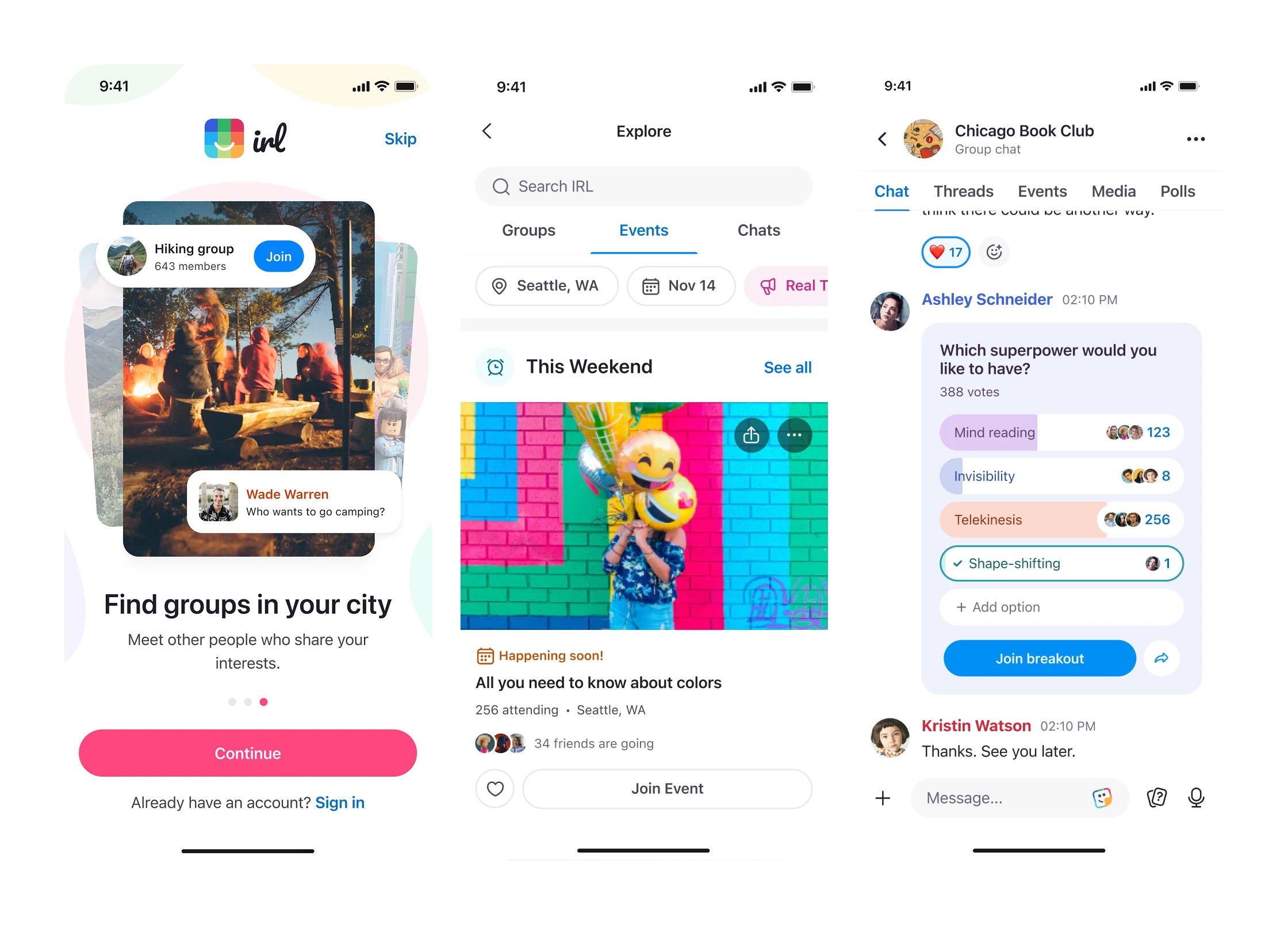 Three IRL app screens: group chat with polls, event discovery, and event flyer customization
