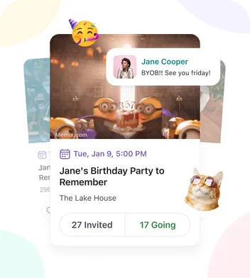 The IRL app showing an event invite card for a birthday party