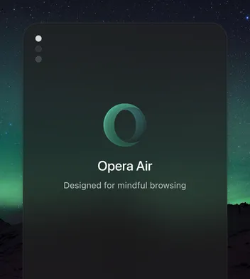 Opera Air browser welcome screen over a calm aurora landscape