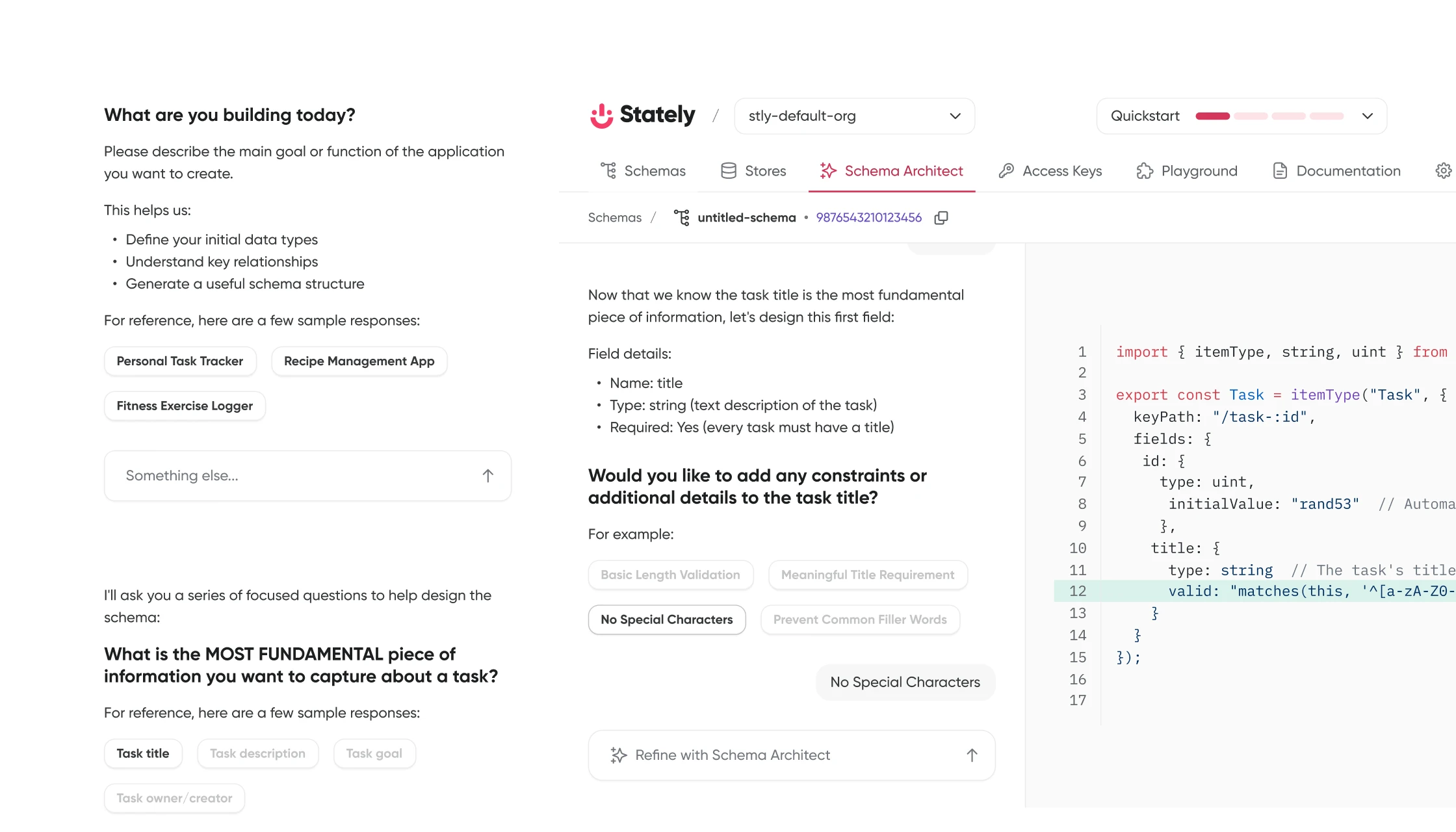 The product - the Schema Architect guided conversation and live code preview